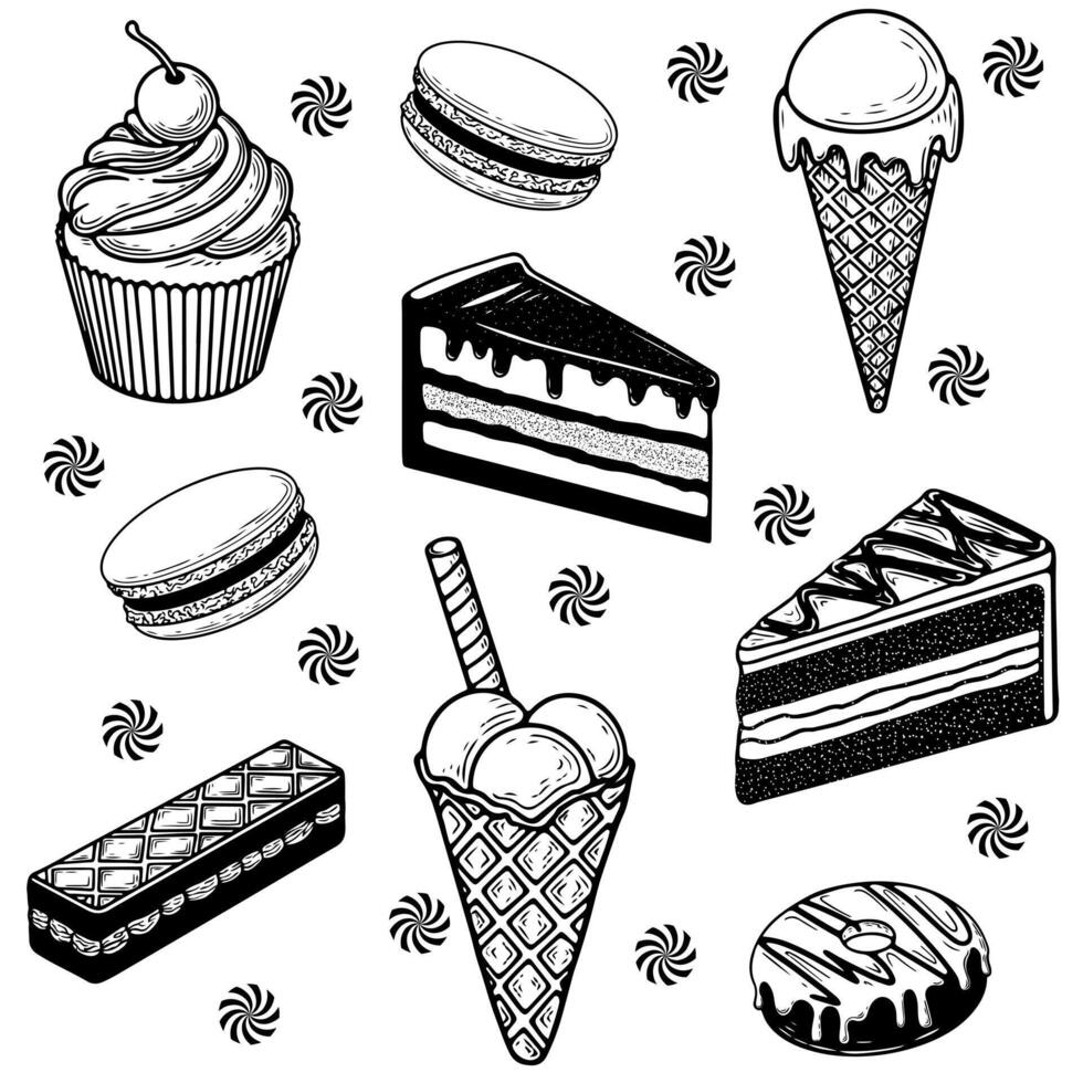 Set of sweets and desserts. Cake, cheesecake, cookie, donut, ice cream, cupcake. Suitable for wrapping paper, background, textile vector