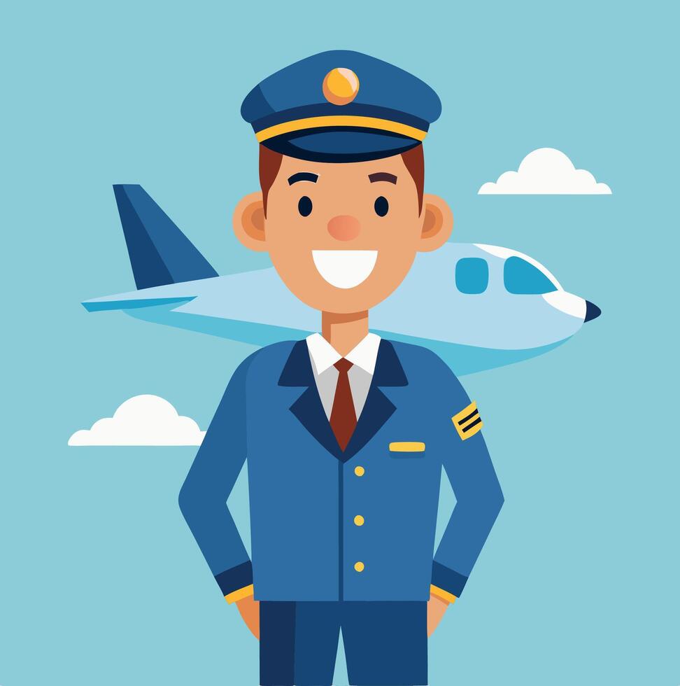 Smiling pilot standing in front of an airplane vector