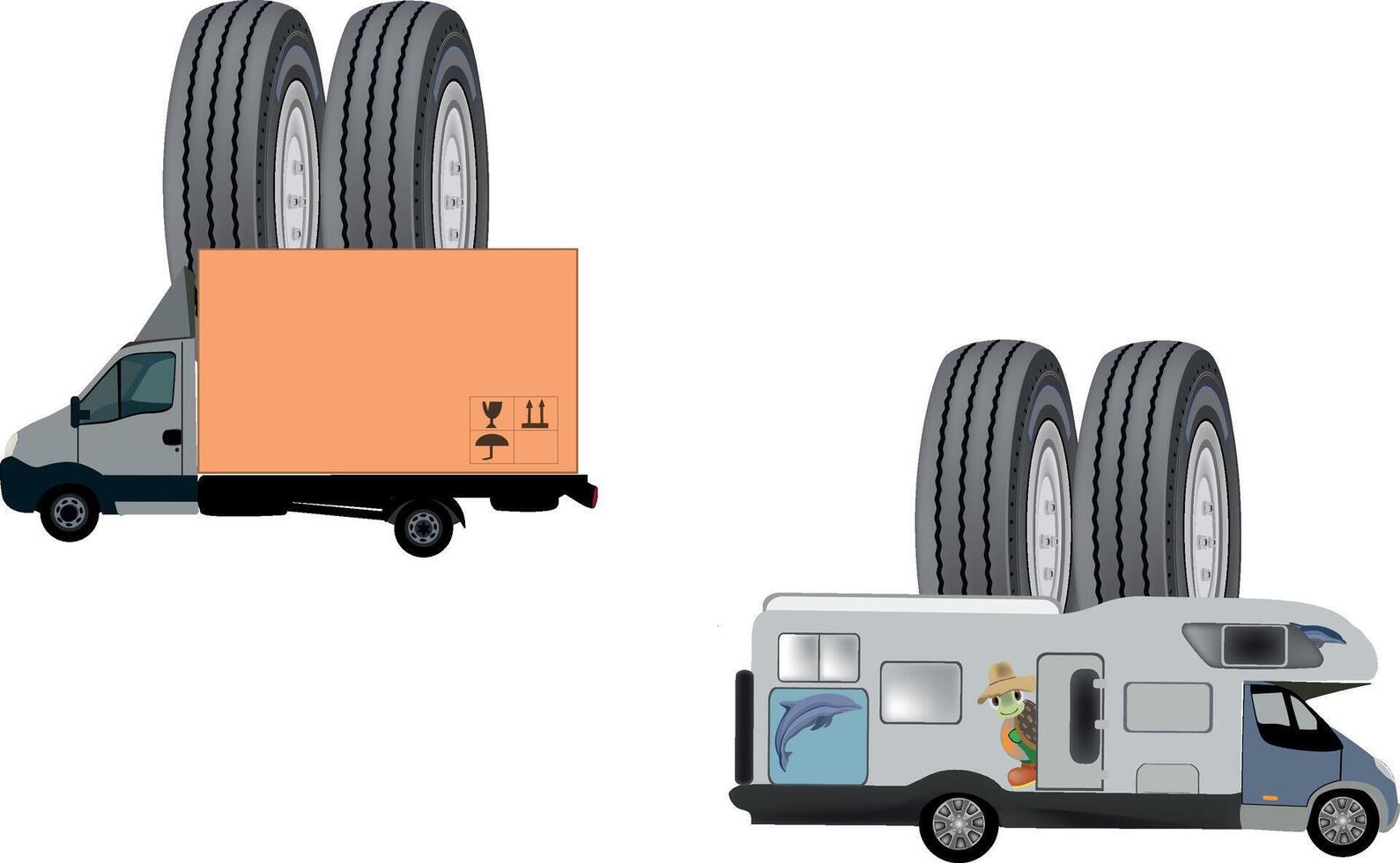 Delivery van and camper with new spare tires mounted vector