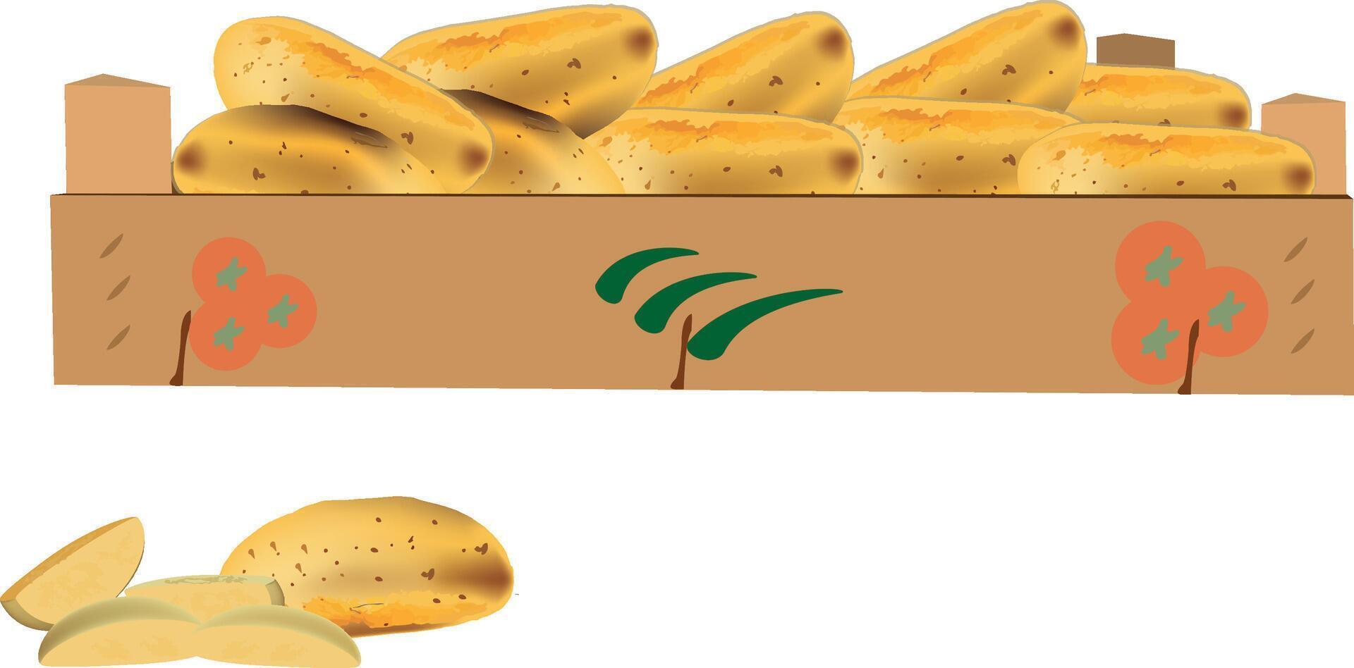 Potatoes in a wooden crate being stored for winter vector