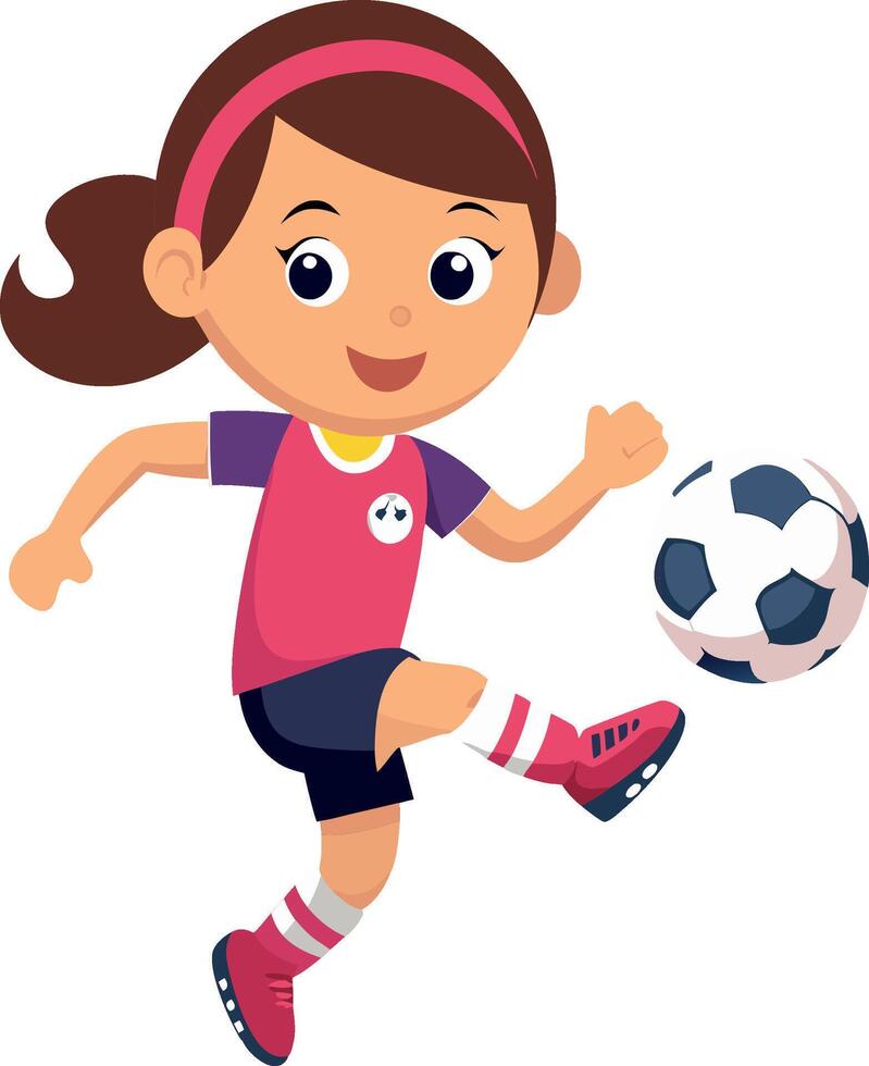 Smiling girl soccer player kicking ball wearing uniform vector