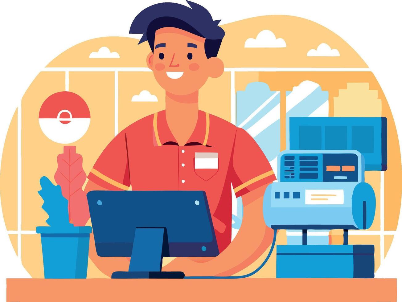 Cashier working at cash register in supermarket vector