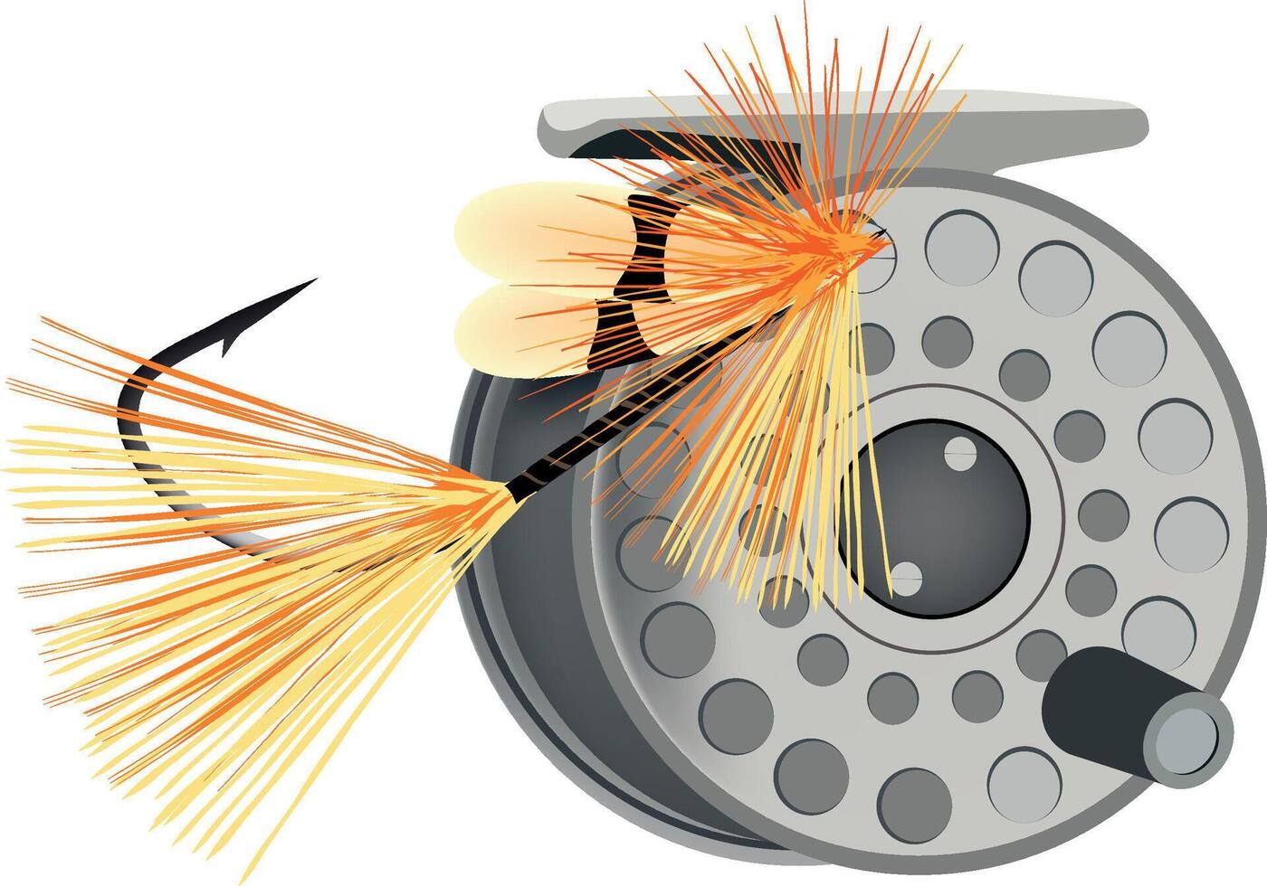 Fly fishing reel with fly hooked on line isolated on white background vector