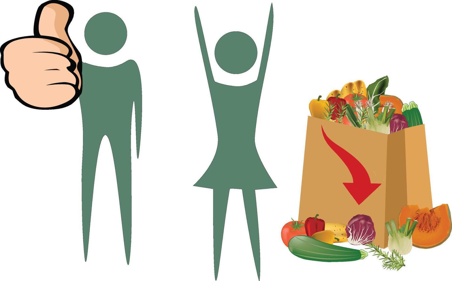 Happy people approving healthy food full grocery bag with red down arrow vector