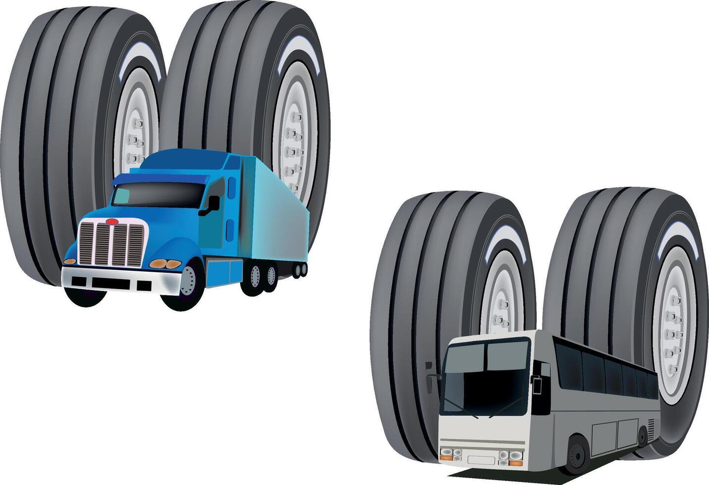 Bus and truck standing near huge wheels concept vector