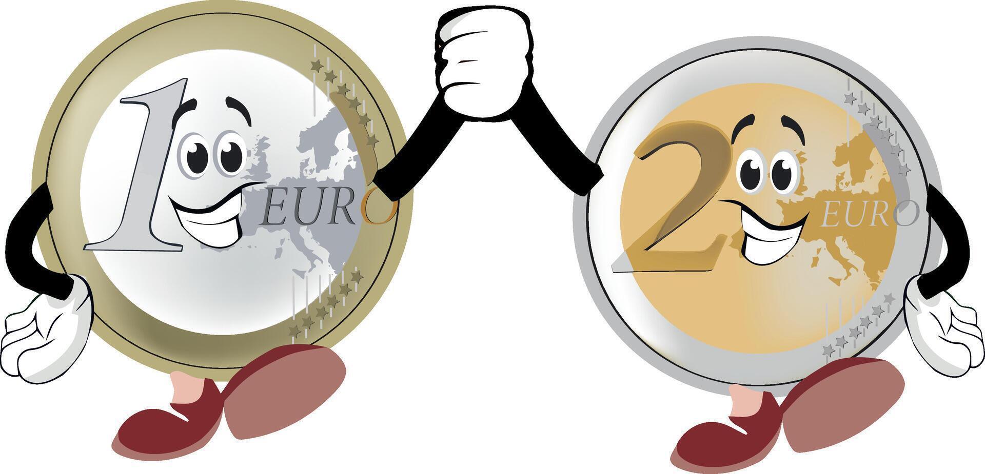 One euro and two euro coins shaking hands vector