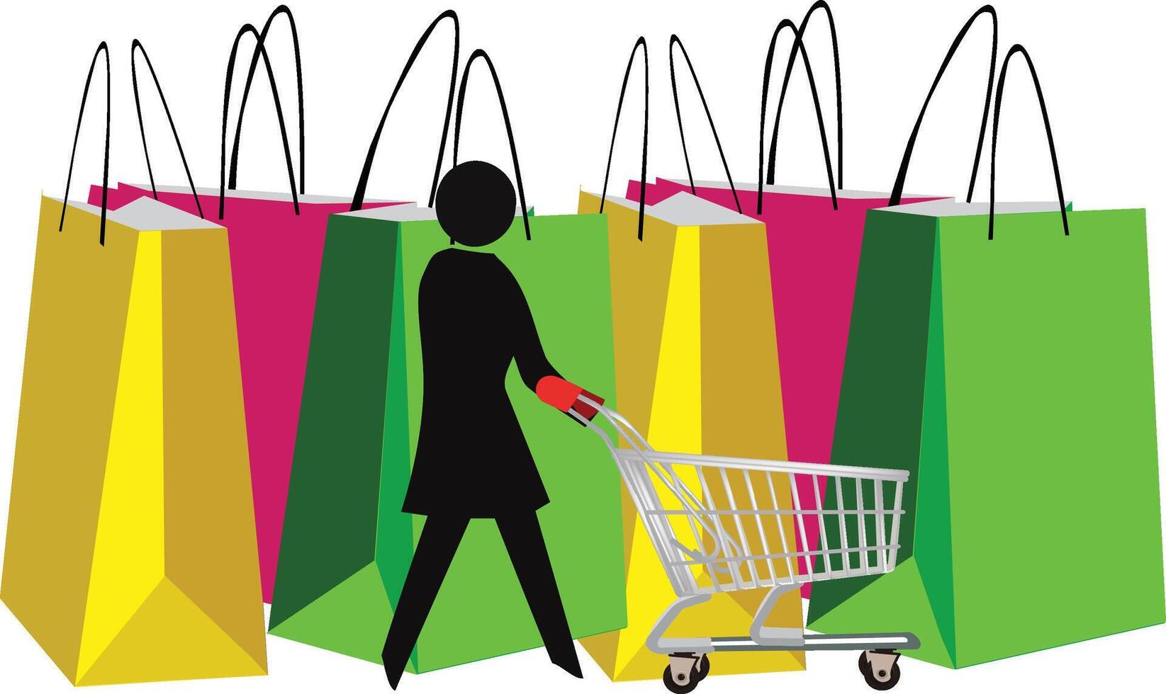 Woman pushing shopping cart surrounded by shopping bags vector