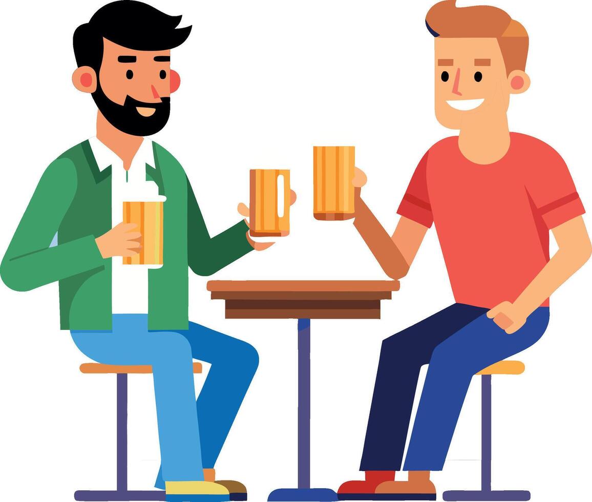 Two friends toasting while having drinks at a bar table vector