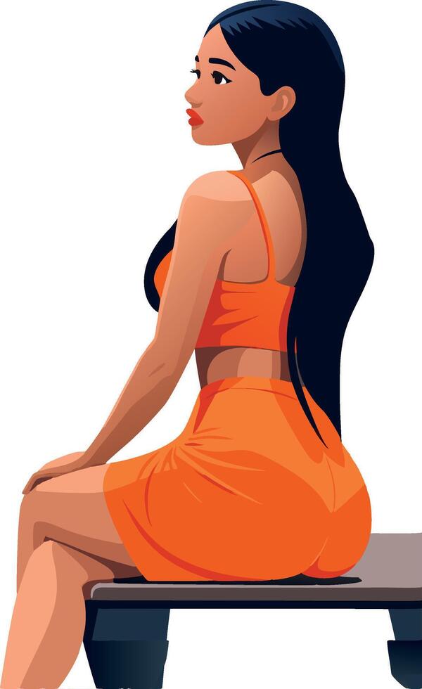 Beautiful young woman sitting and posing on bench vector