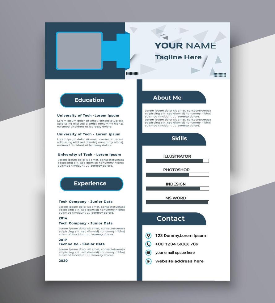 Clean and stylish blue and white background curriculum vitae, Cv template with photo space vector