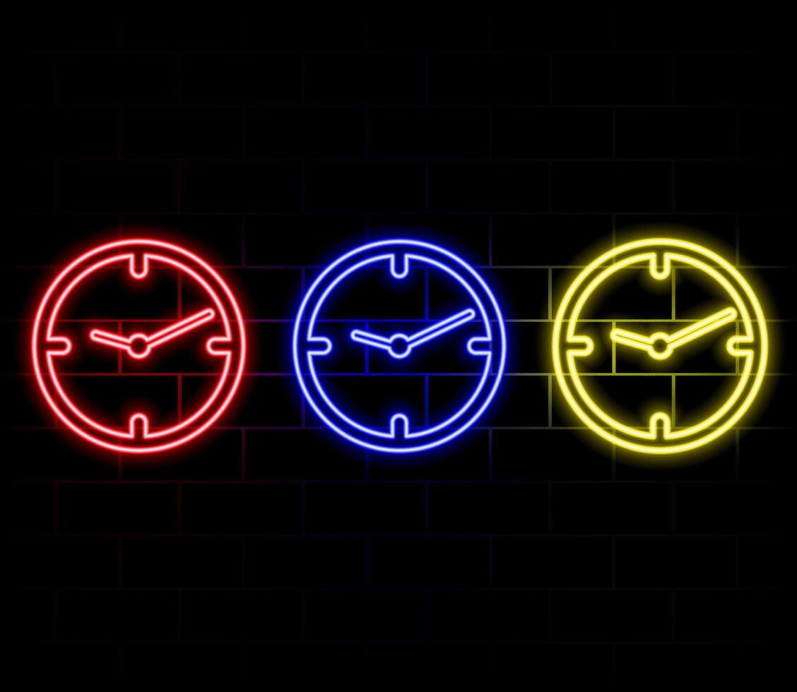 Light glowing clock icon. Neon time symbol, shining watch silhouette, laser fluorescent clock, illustration vector