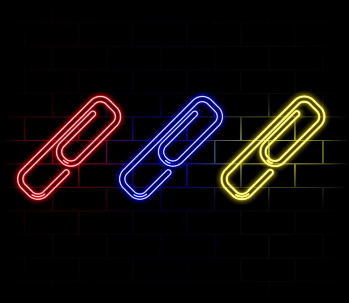 Paper clip with bright glowing futuristic blue neon lights on black background. 3D icon, sign and symbol. Cartoon minimal style. 3D render illustration vector