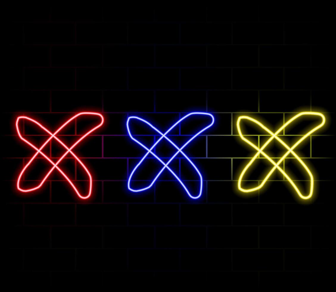 Outline neon cross mark icon. Glowing neon error sign, cancel and reject, X pictogram. Incorrect select, cancel cross mark, disapprove request, notice refuse, wrong answer and mistake. icon set vector