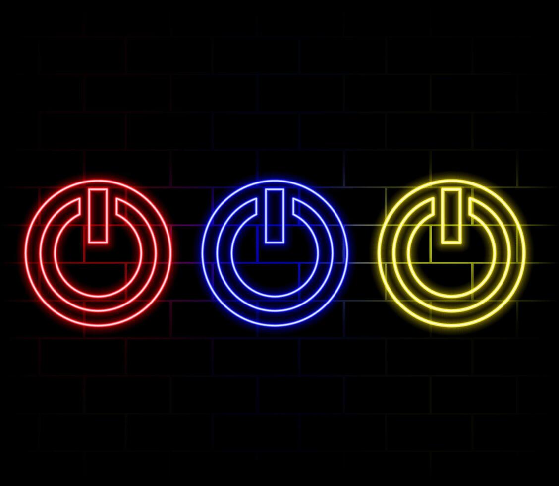 Power button blue glowing neon ui ux icon. Glowing sign logo isolated on brick wall. vector