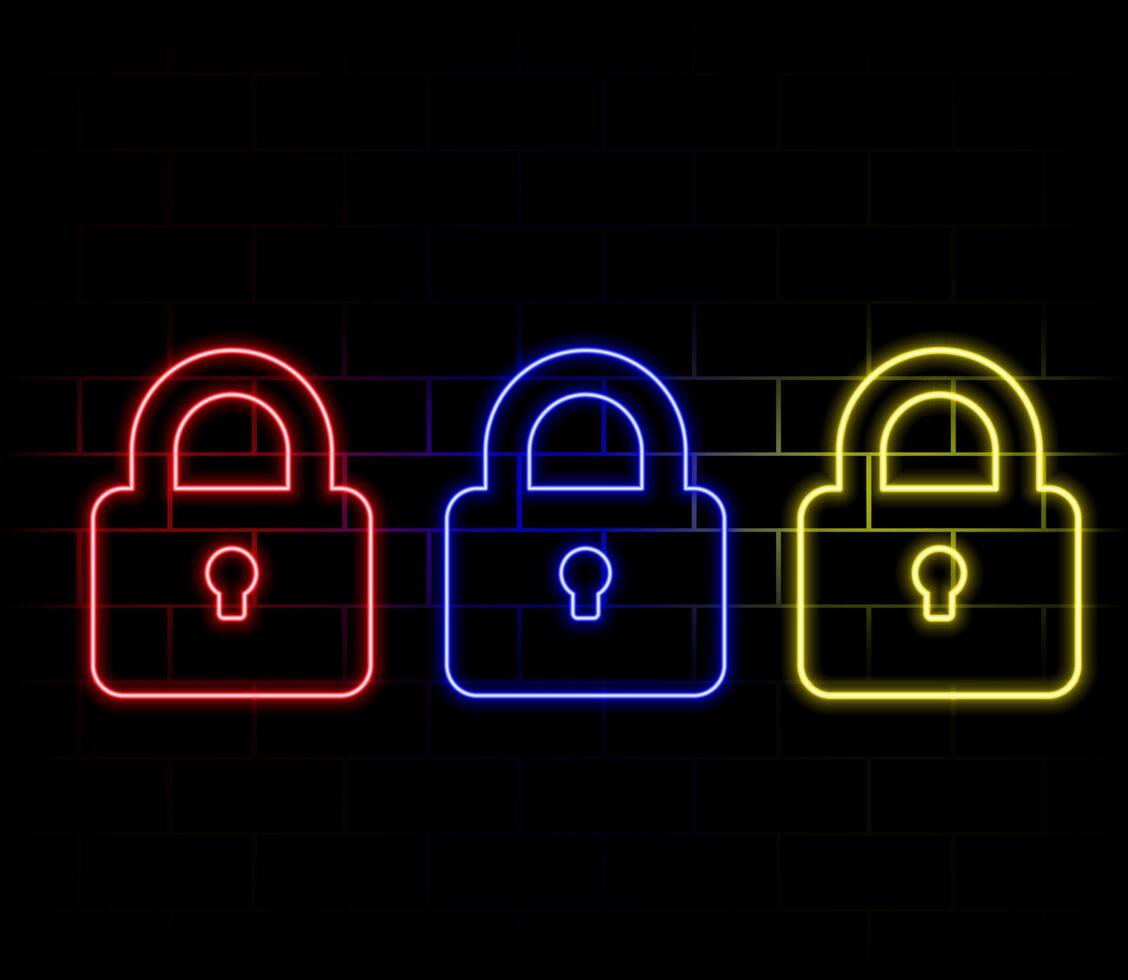 Neon closed lock icon. Glowing neon lock sign, outline padlock silhouette in vivid colors. Personal data protection, cyber security, reliable storage of information. icon set, sign, pictogram vector