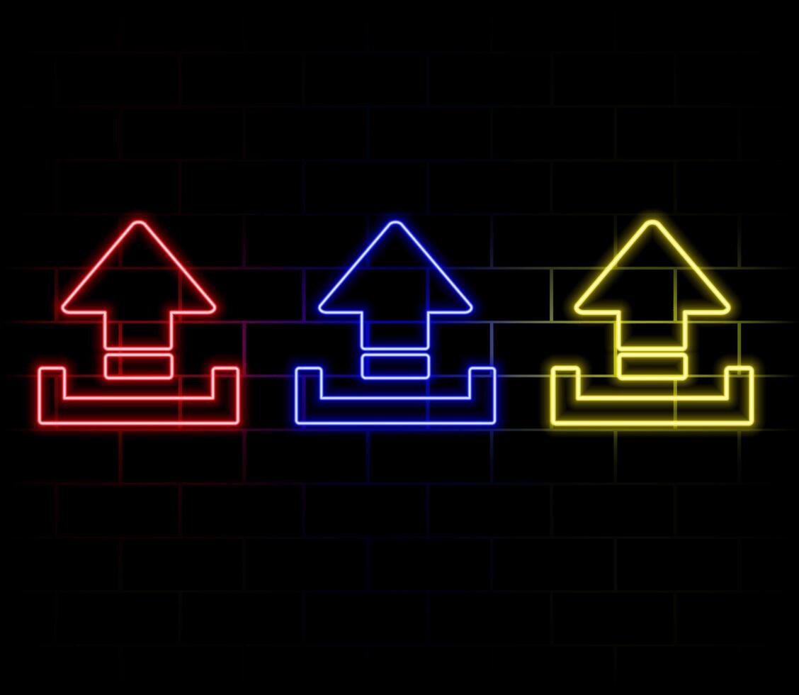 Neon upload icon. Glowing neon upload sign, outline arrow pictogram in vivid colors. Online data saving, information uploading, interaction with files. icon set, sign, symbol for UI vector