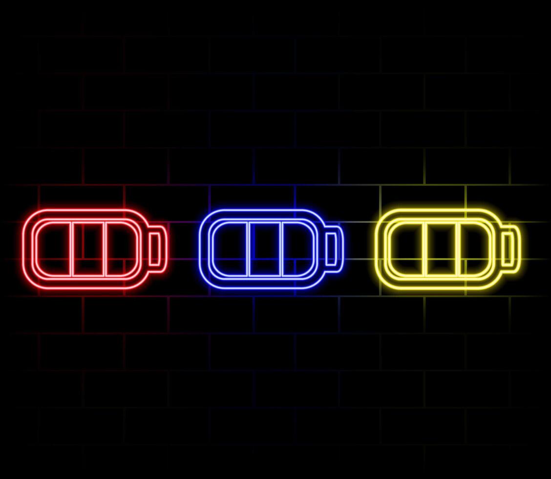 Outline neon charging battery icon. Glowing neon battery with lightning sign and charging circle, wireless electric charger. Inductive dock station for charging devices. icon set vector