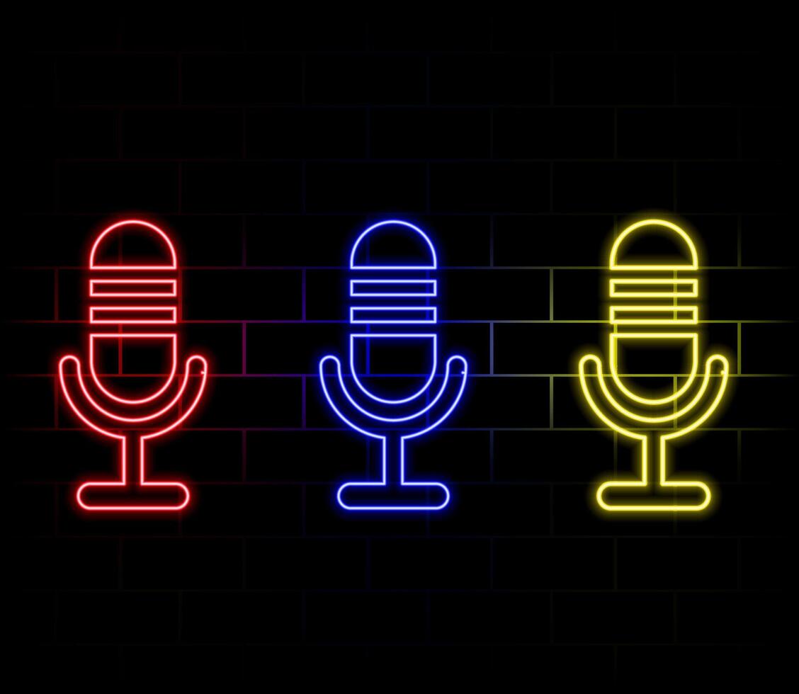 Neon Microphone sign. Glowing microphone icon for podcast, stand up or music show emblem. Retro mic in neon style. illustration. vector