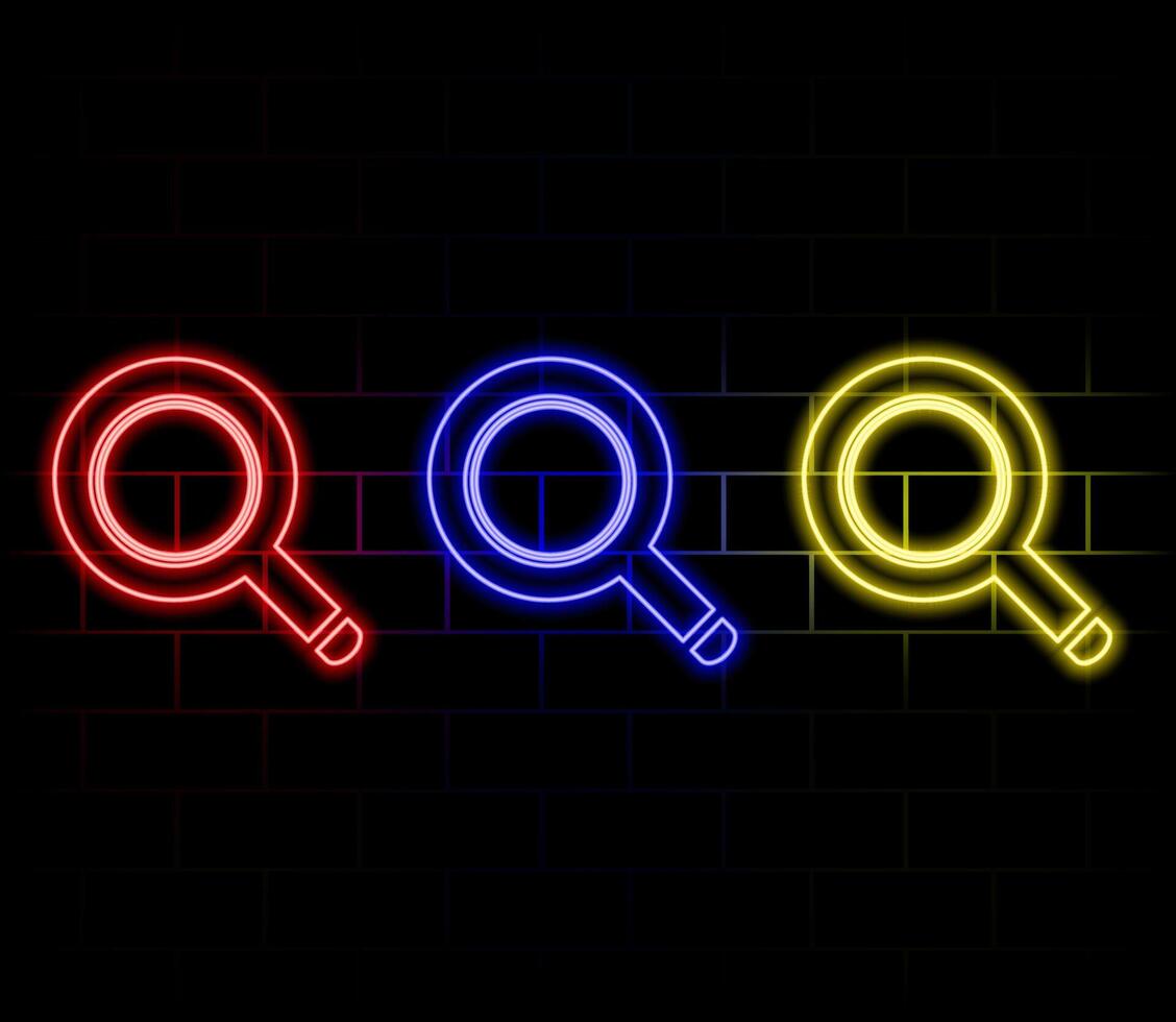 Neon magnifying glass icon. Glowing neon search sign, outline loupe pictogram in vivid colors. Online search, data analysis, find information and exploration. icon set, sign, symbol for UI vector