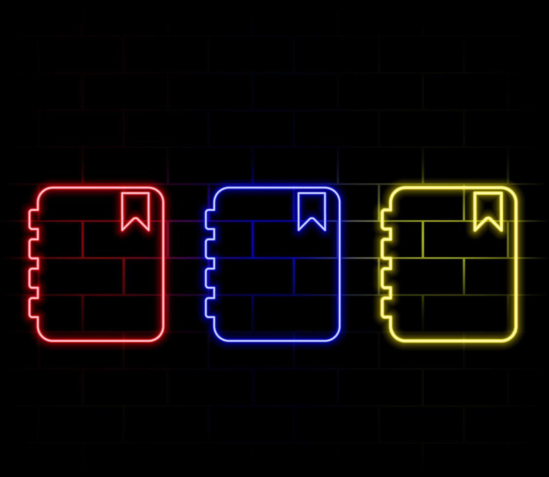 Outline neon diary icon. Glowing neon notebook silhouette, notepad pictogram. Diary for business notes and education, day book for tasks and goals, planner and workbook. icon set vector
