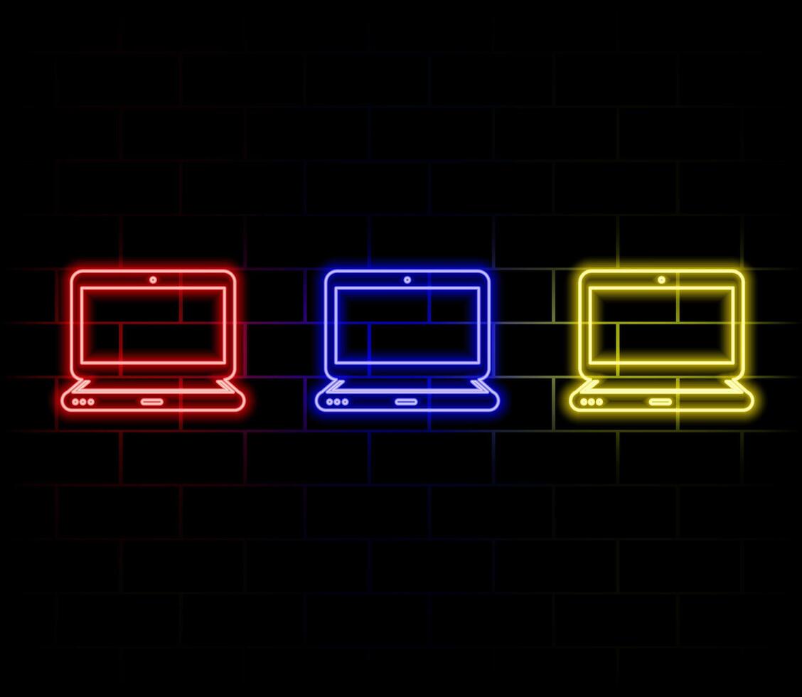 Glowing neon line Laptop icon isolated on brick wall background. Computer notebook with empty screen sign. Colorful outline concept. vector