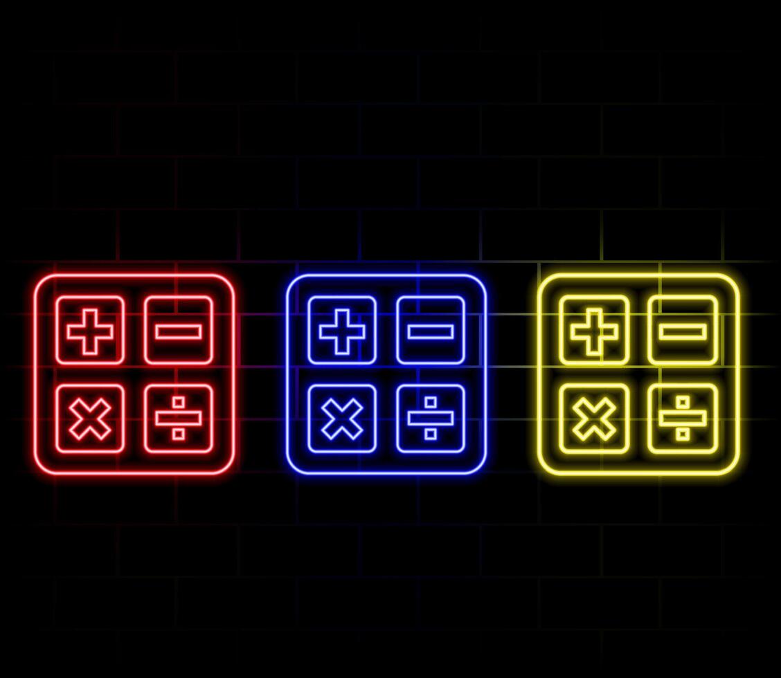Red glowing neon color mathematical symbols on a black background. Bright symbols of addition, subtraction, multiplication and division. vector