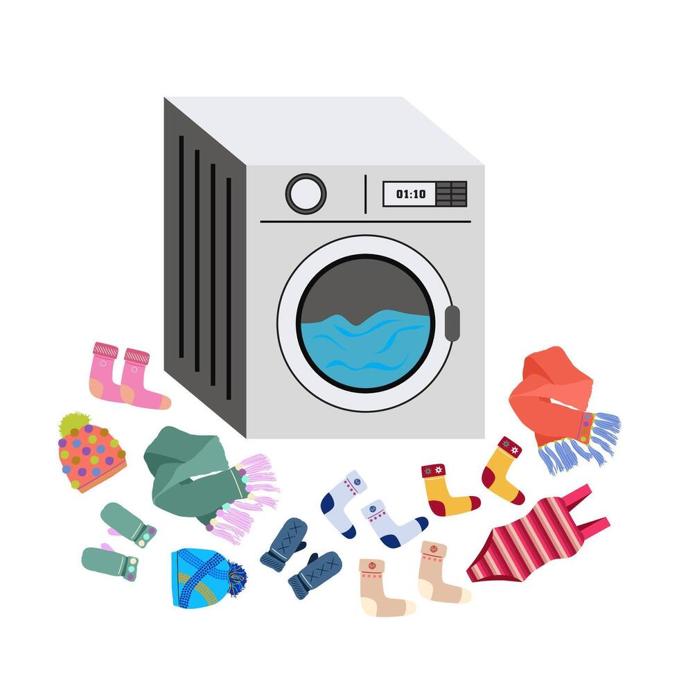 Electric washing machine and laundry. Clothes around washing machine. Flat illustration isolated on white background. vector