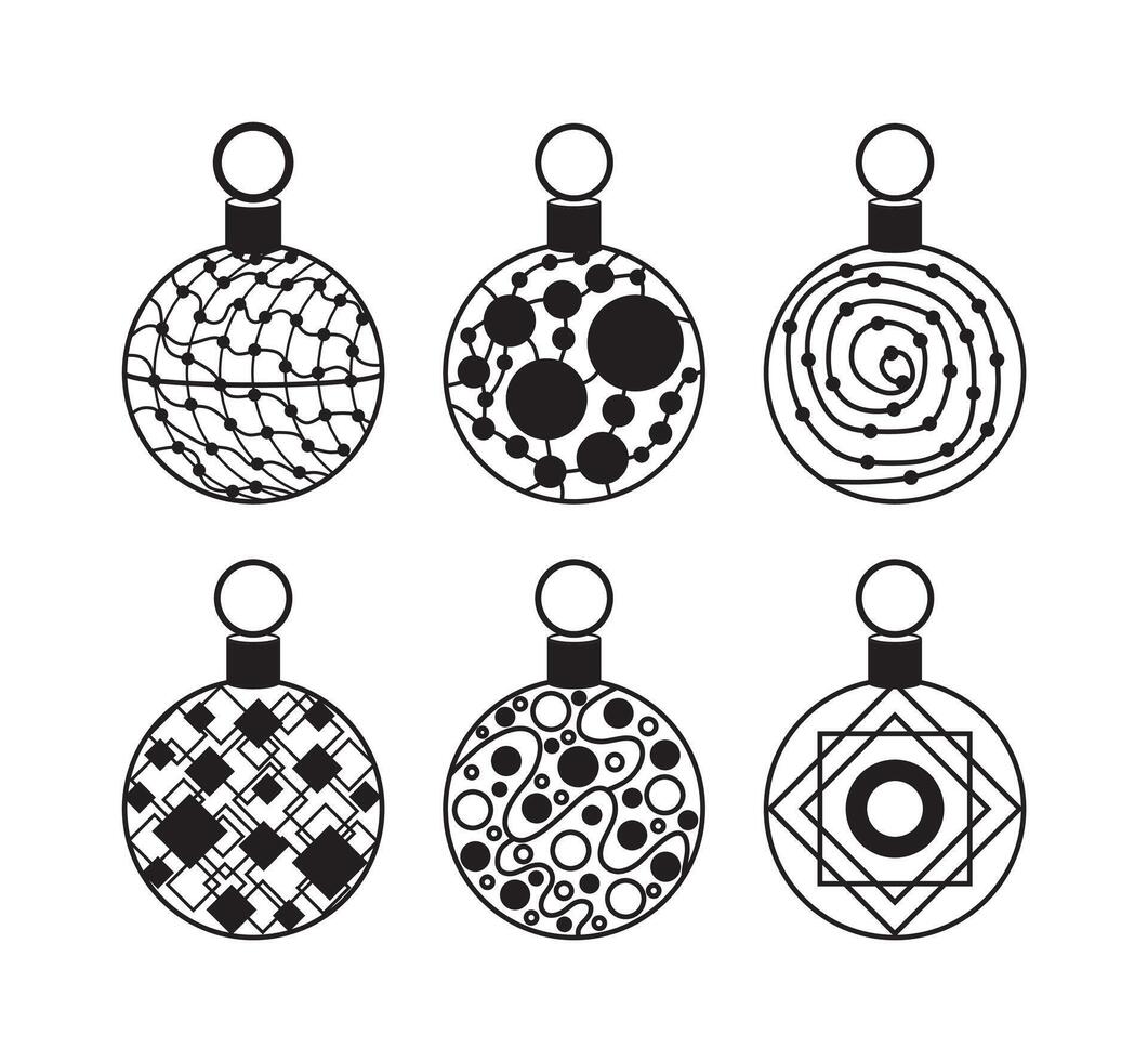 Set of Christmas balls icon. Line art. Flat . Linear black Christmas balls icons isolated on white background. Collection of New Year toys for a tree. Balls with a pattern for winter decoration vector