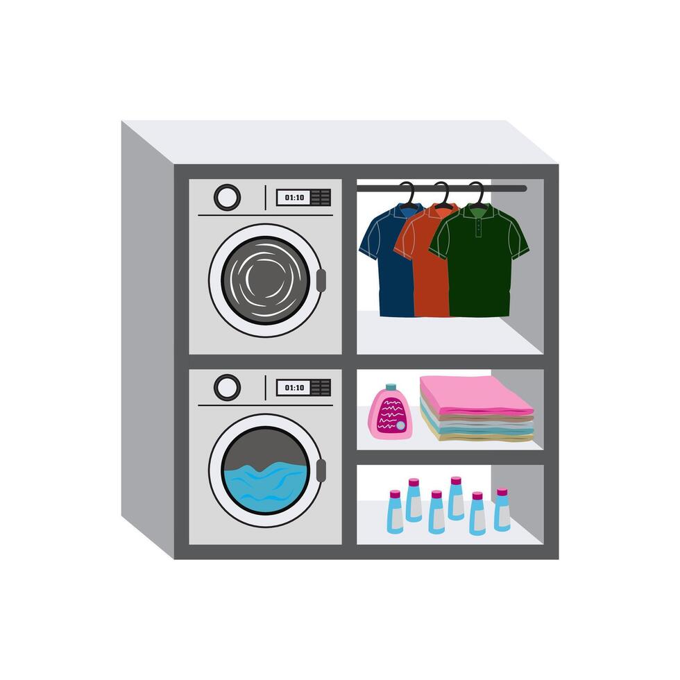 Laundry room. Washing and drying machine. Isolated on white background. Shelves for clothes and detergents vector
