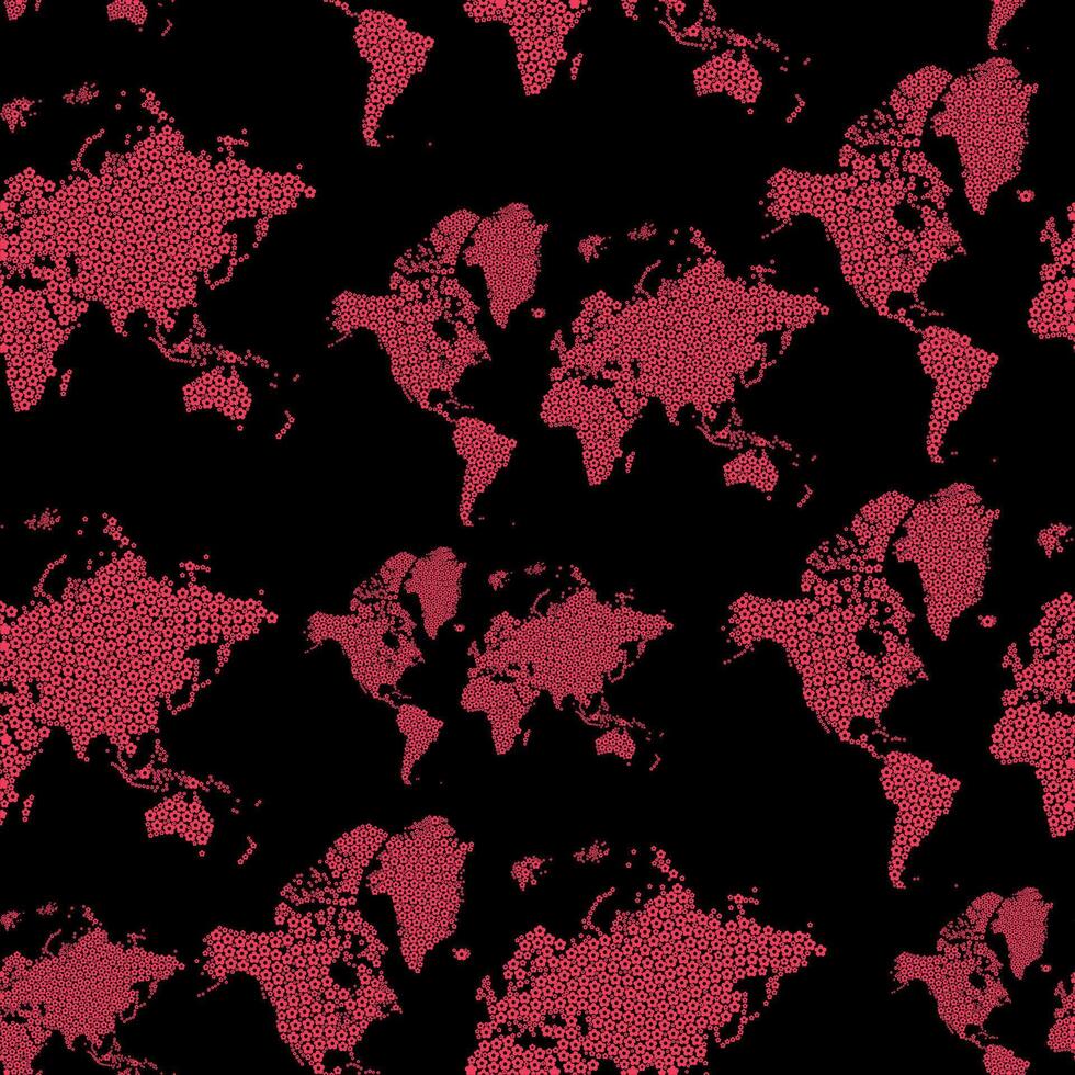 Seamless pink world map pattern. Map is made of pink flowers. Isolated on black background. vector