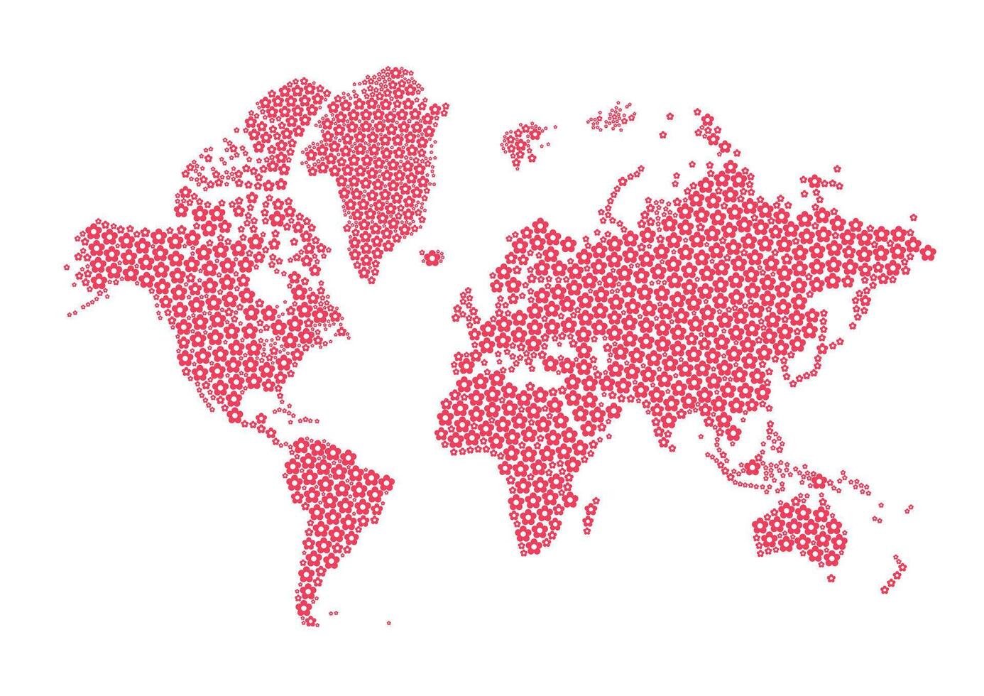 World map. Modern pink map. Silhouette map. Map is made of pink flowers. Isolated on white background. vector