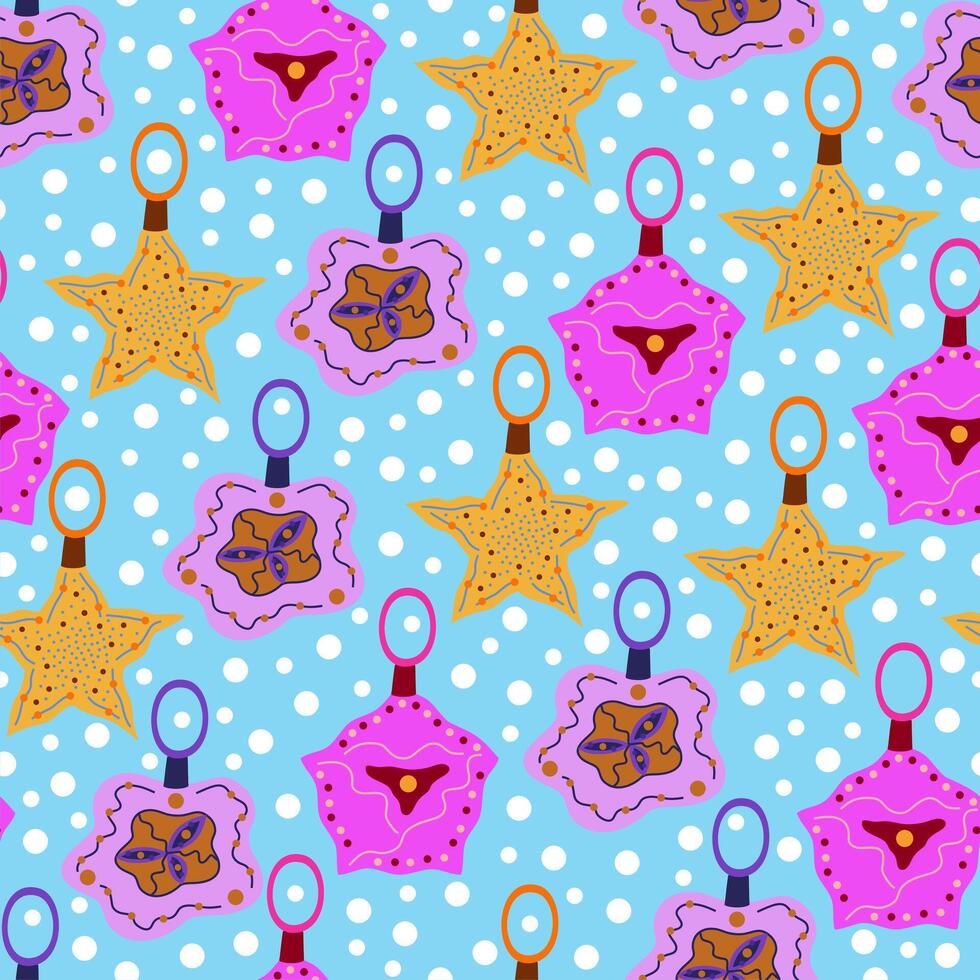 Seamless pattern of doodle Christmas balls. Hand drawn festive wavy shape bauble background. Xmas blue violet decoration for design of wrapping paper, fabric, wallpaper, banner vector