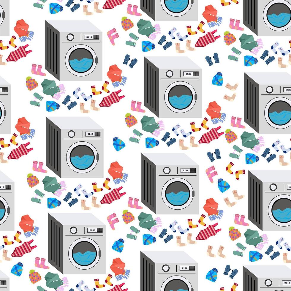 Seamless pattern with washing machine, laundry. Clothes around washing machine. White background. vector