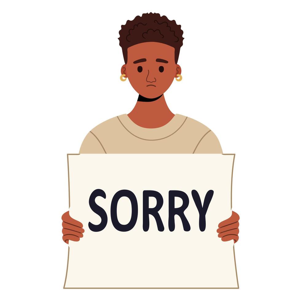 African American woman holding sign saying SORRY illustration isolated on white background vector