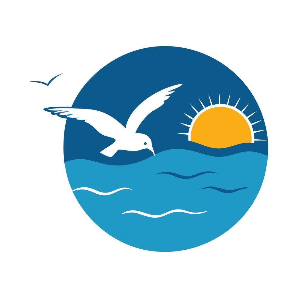 Seagull flying over the ocean with sun in the background vector