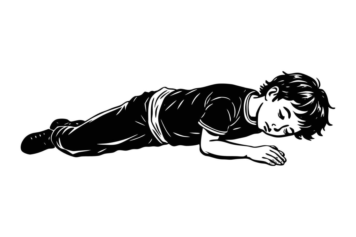 A black and white drawing of a boy laying on his stomach vector