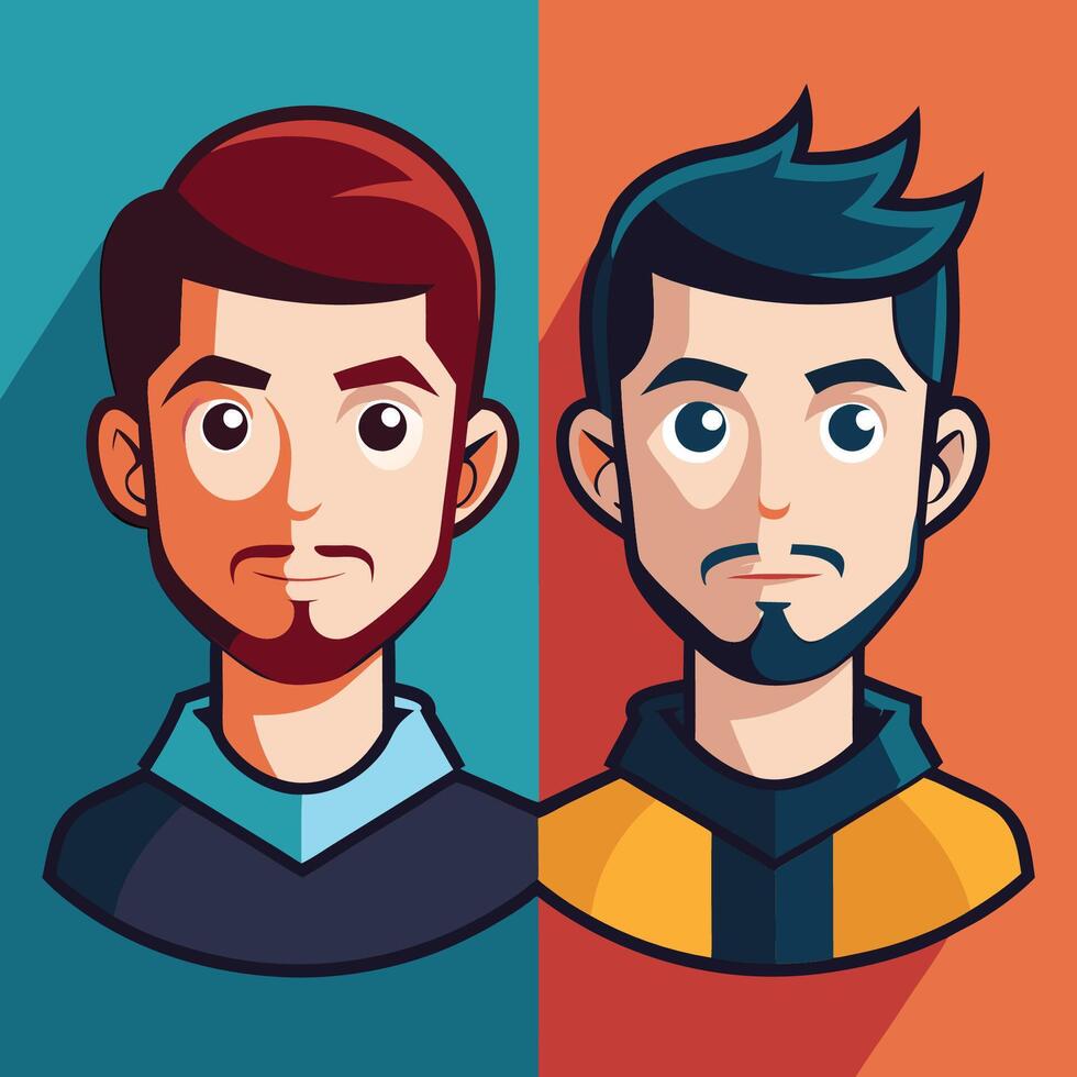 Two men with different facial expressions on a colorful background vector