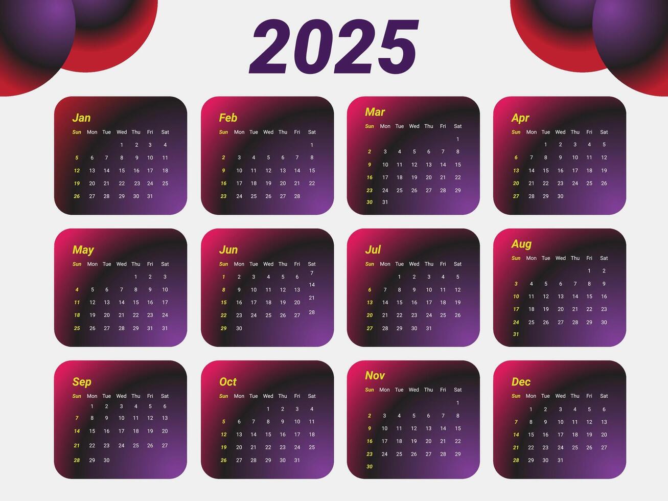 2025 Calendar Template vector