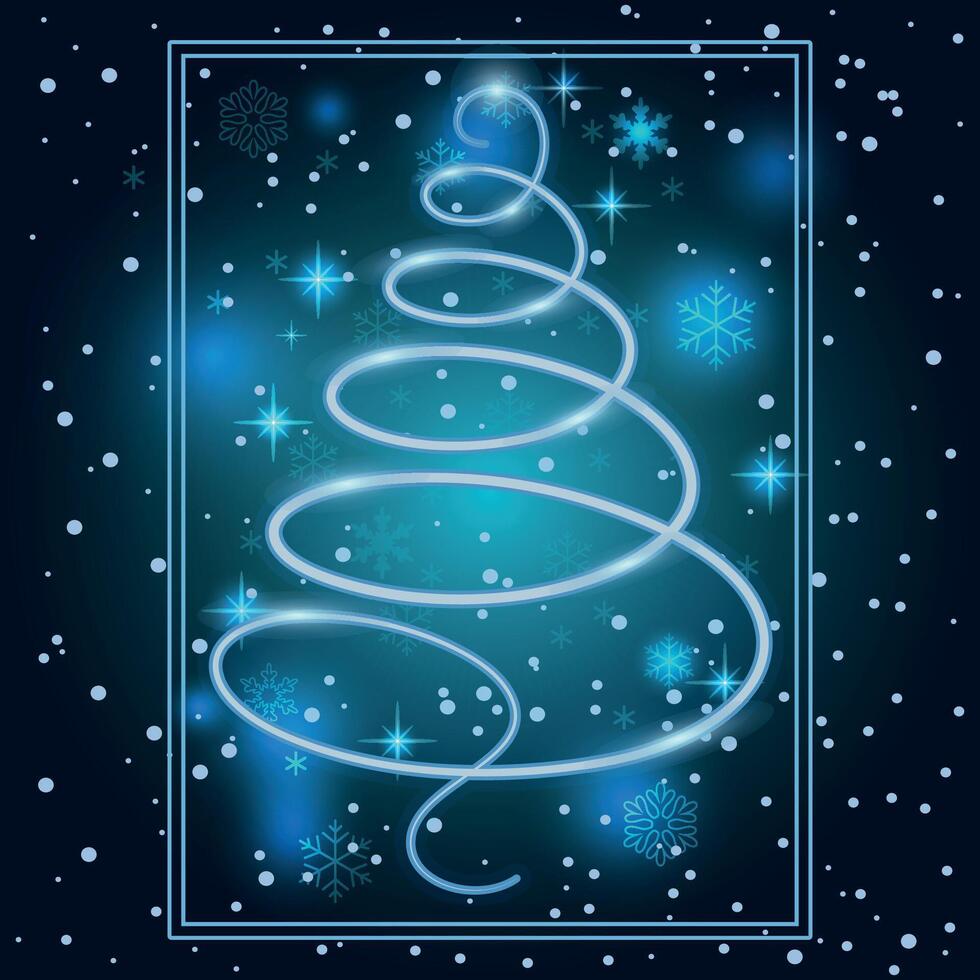 Blue Christmas tree with neon and bokeh effect vector