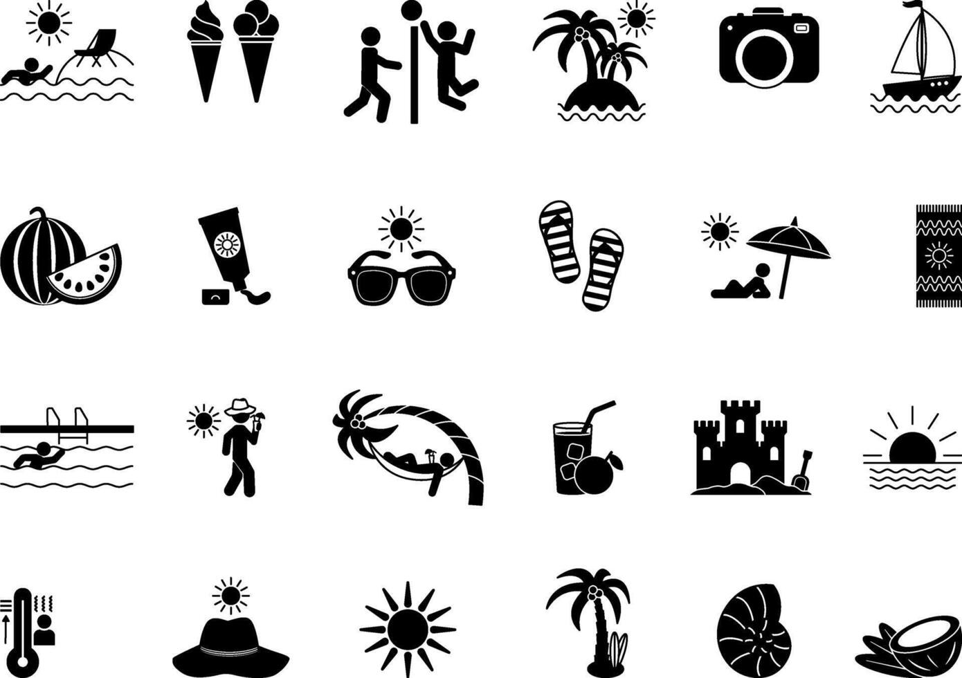 Black Set of Summer Icons. Icons of Beach, Sun, Beach Volleyball, Watermelon, Luggage, Ice Cream, Hot, Pool, Sunglasses, Coconut, and Other vector