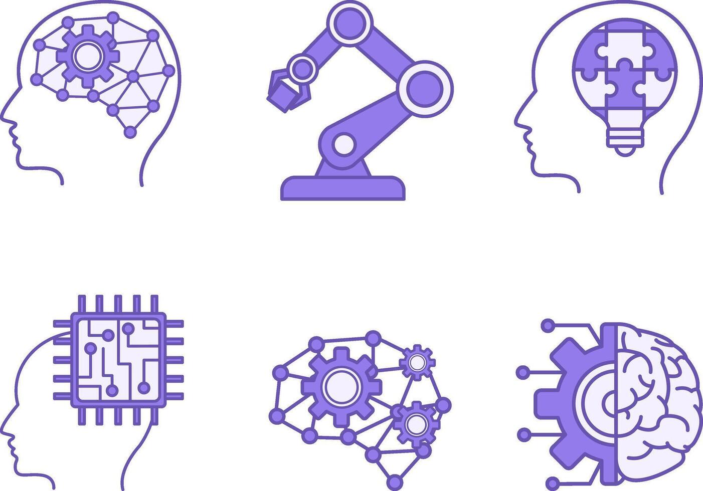 Colored Set of Artificial Intelligence Icons. Icons Artificial Intelligence, Robotic, Problem Solving, Cybernetics, Deep Learning, and Machine Learning vector