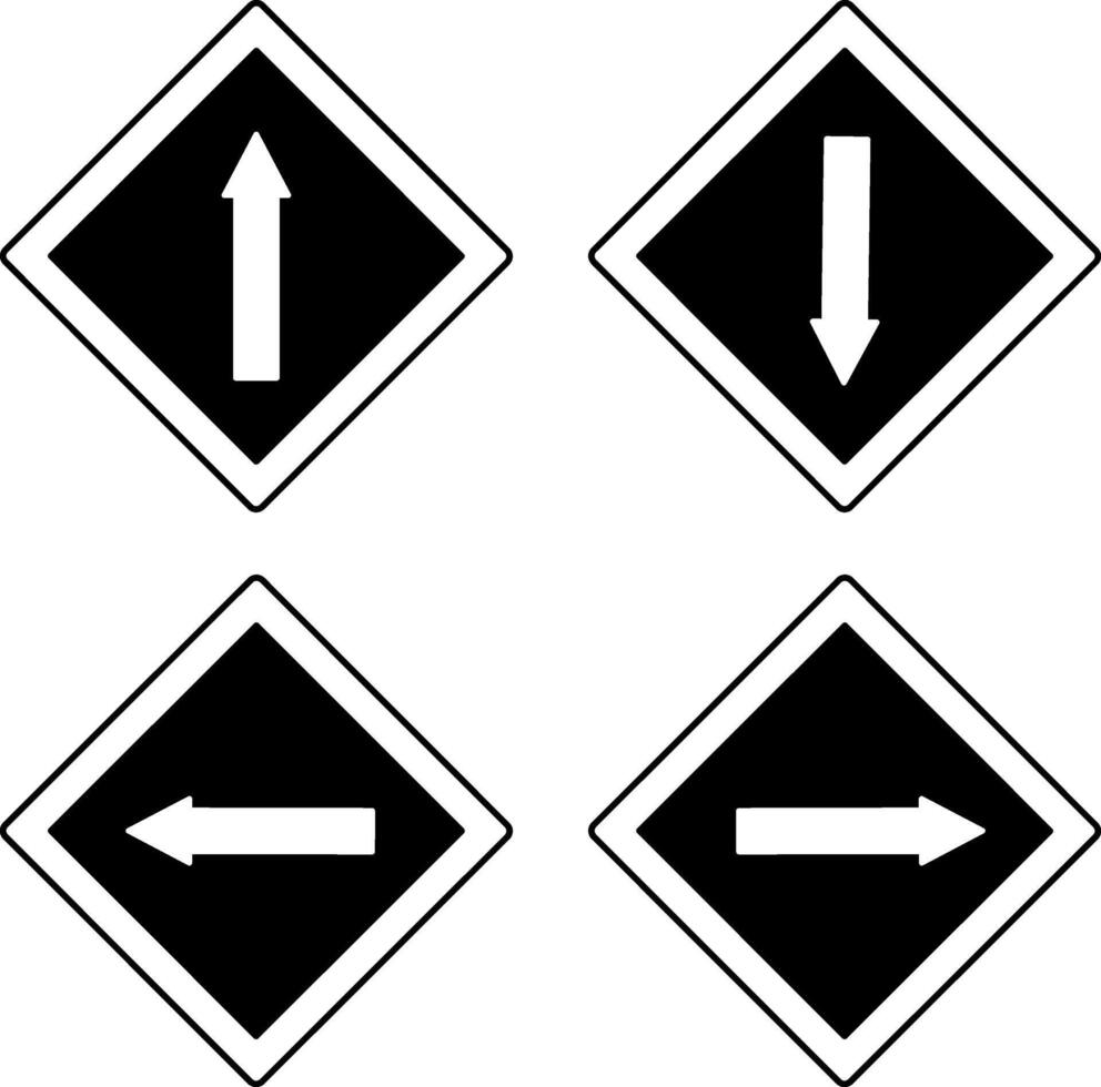 Black Road Signs with Directional Arrows. Forward, Backward, Left, and Right vector