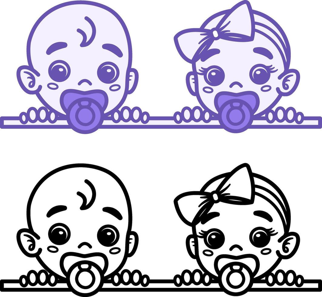 Cute Baby Icons. Illustrations Of Funny Twins. Boy And Girl, Little Kids vector