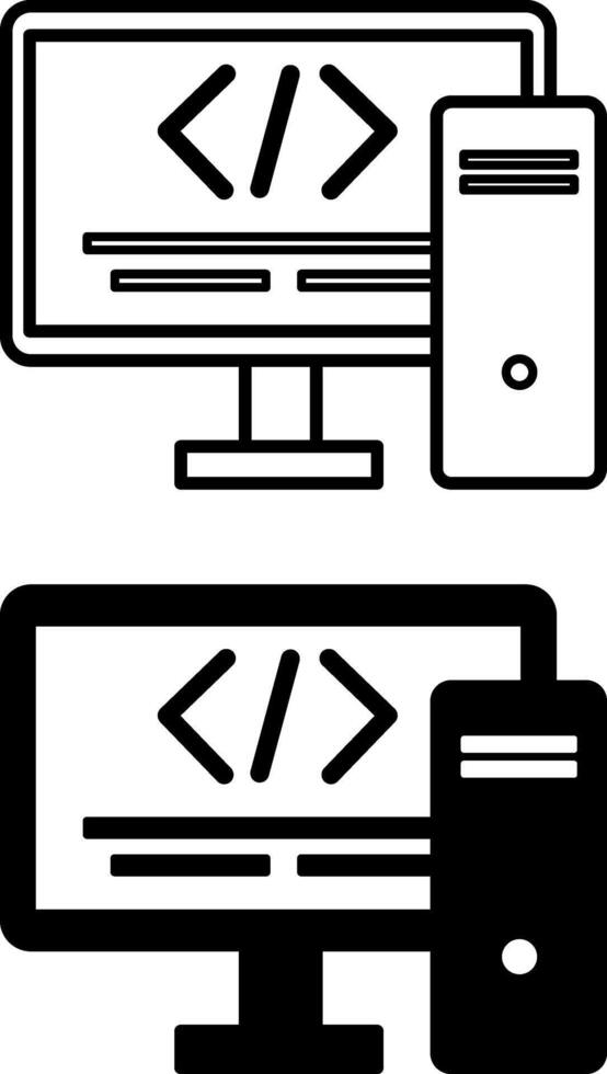 codificación iconos negro y blanco iconos computadora con escrito código y sistema unidad. software desarrollo concepto vector