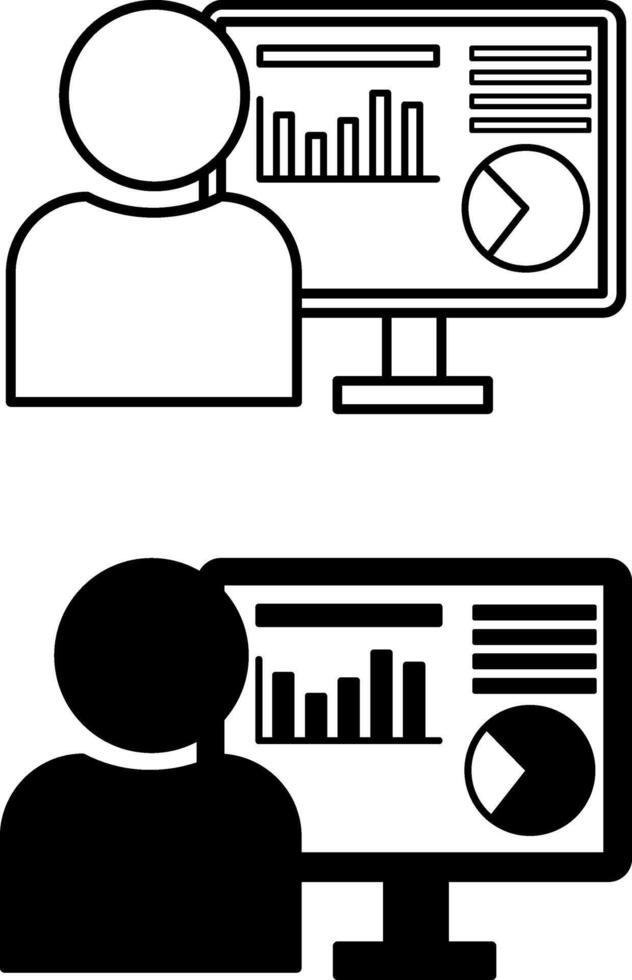 Data Analyst Icons. Black and White Icons of a Person Studying and Analyzing Data on a Computer. Data Analysis Concept vector