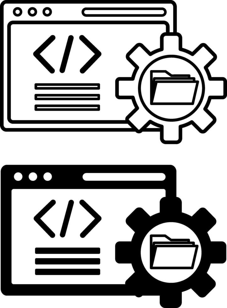 Software Icons. Black and White Icons. Computer File Folder, Gear, and Website with Code. Programming and Coding Concept vector
