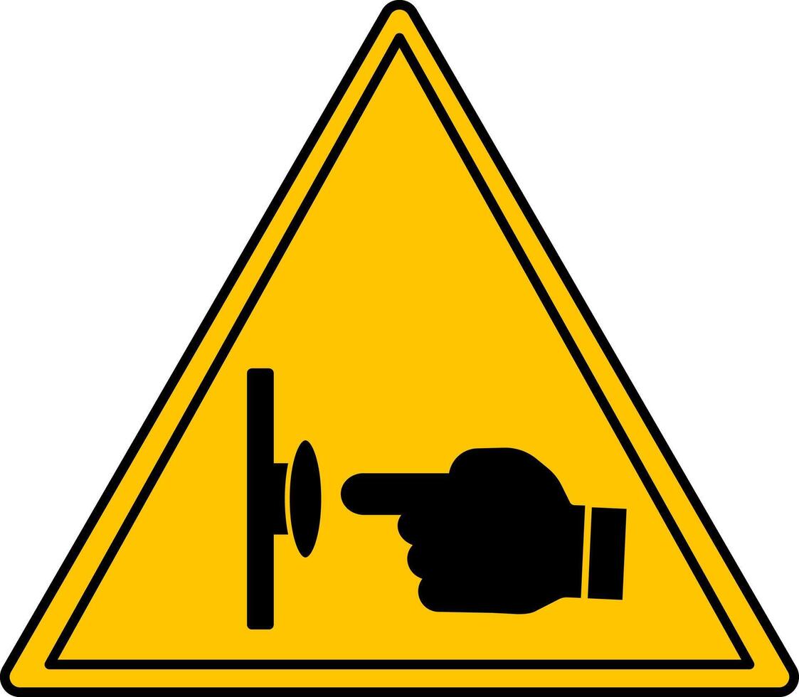 Yellow Sign Emergency Stop Push Button. Evacuation Sign. Index Finger Pressing the Button. Industrial Safety, Observe the Rules of Work at the Facility. Emergency Situation vector