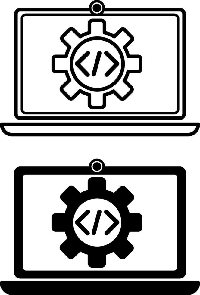 Programming Icons. Black and White Icons of Laptop, Code, and Gear. Technology and Software Development Concept vector