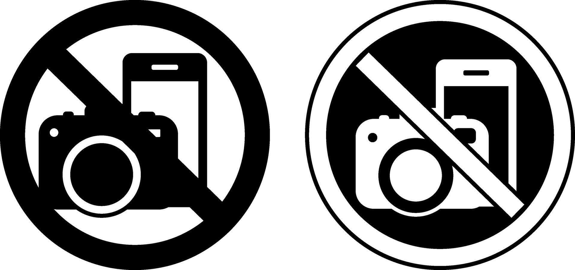 Signs No Photography. Black and White Icons. Prohibitory Round Sign. Warning About Prohibition Of Using Mobile Phone And Camera vector