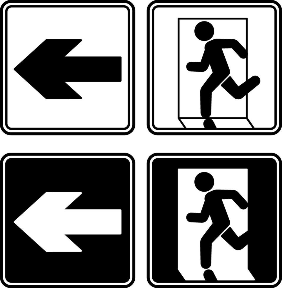 Emergency Exit Signs Pointing Left. Black and white icons. Warning sign. Man running to the door. Emergency evacuation symbol vector